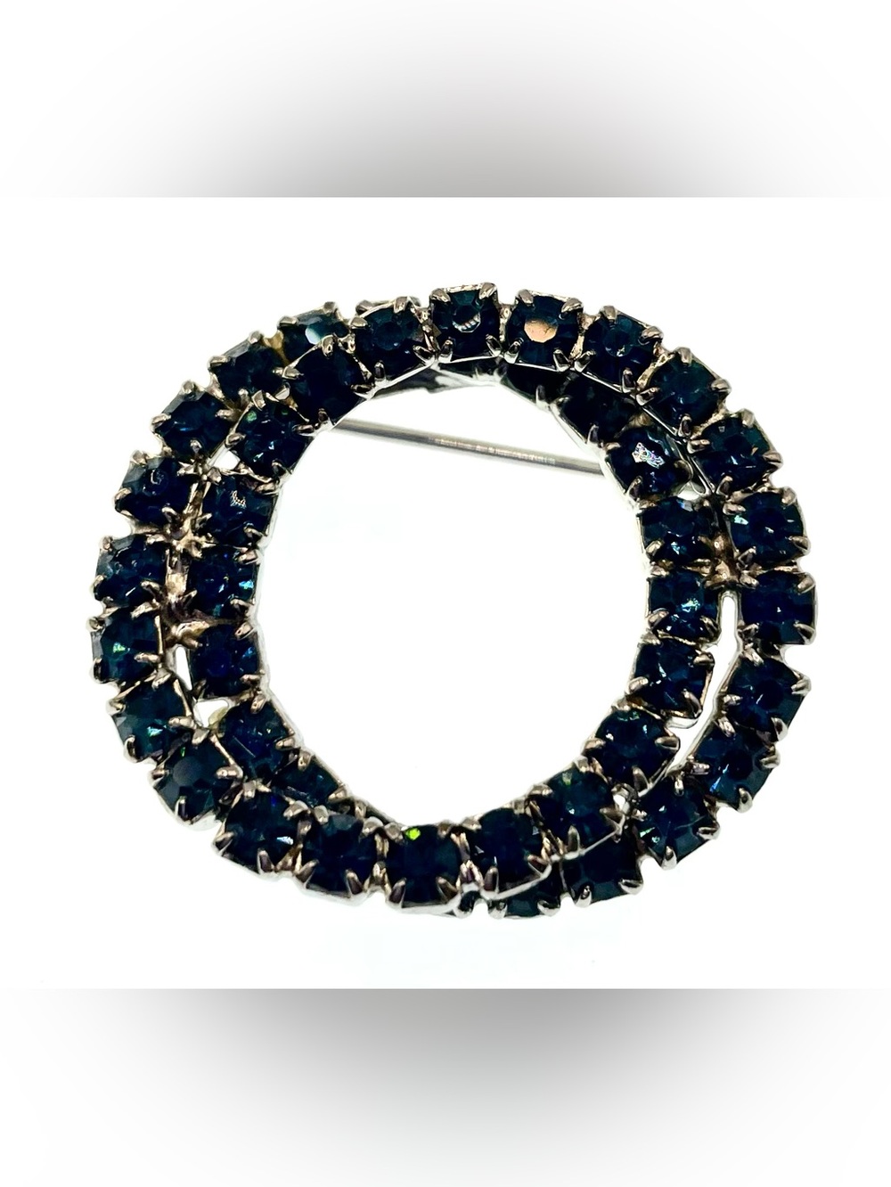 Vintage Sapphire Blue Double Row Rhinestone Circle Wreath Brooch Silver Tone MCM